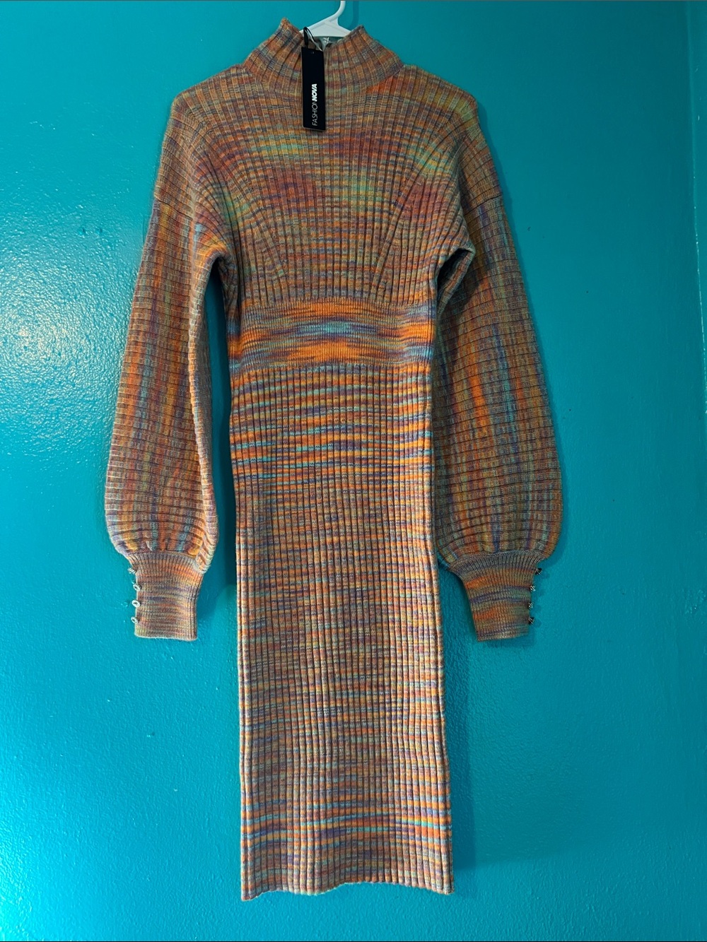 Striped Ribbed Midi Sweater Dress with Balloon Sleeves - Picture 4 of 9